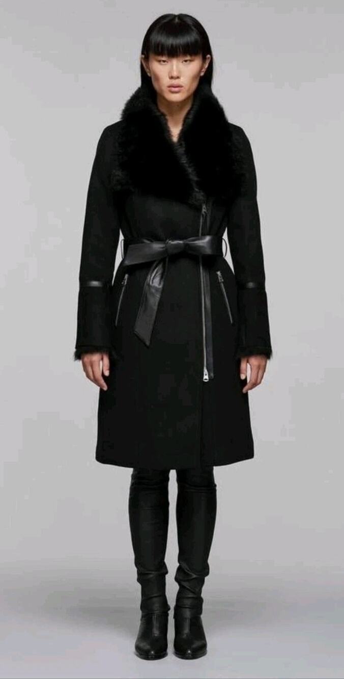 Mackage Isabel Brown Shearling Accent Wool Trench Coat Size S